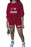 Orange Women Long Sleeve Letters Printing Round Neck Casual Shorts Sets AYQ5143-1