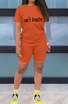 Orange Women Pure Color Letters Printing Fashion Short Sleeve Shorts Sets AYQ5136-2