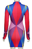 Yellow Fashion Multicolor Long Sleeve Tight Round Neck Mid Waist Mini Dress DLS03274-2