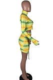 Yellow Women Multicolor Pattern Long Sleeve High Neck Ruffle Skirts Sets MOL112-1