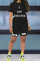 Black Casual Pure Color Letters Short Sleeve Shorts Sets AYQ5146-1