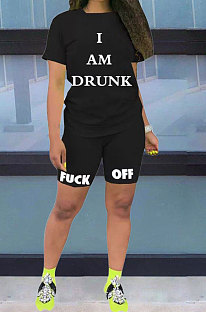 Black Casual Pure Color Letters Short Sleeve Shorts Sets AYQ5146-1