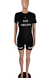 Coffee Casual Pure Color Letters Short Sleeve Shorts Sets AYQ5146-3