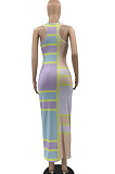 Red Sexy Women Multicolor Spliced Printing Sleeveless Long Dress AYQ06004-2