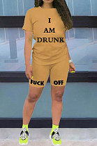 Coffee Casual Pure Color Letters Short Sleeve Shorts Sets AYQ5146-3