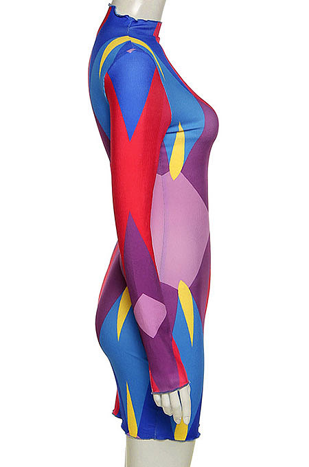 Yellow Fashion Multicolor Long Sleeve Tight Round Neck Mid Waist Mini Dress DLS03274-2