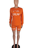 Wine Red Women Long Sleeve Letters Printing Round Neck Casual Shorts Sets AYQ5143-2