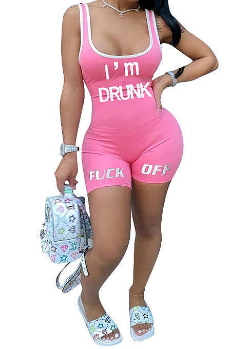 Pink Women Sexy Tank Backless Mid Waist Sport Romper Shorts AYQ5145-3