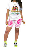 Red Casual Printing Short Sleeve Shorts Sets AYQ5139-2