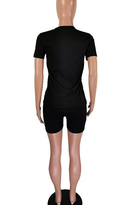 Black Casual Pure Color Letters Short Sleeve Shorts Sets AYQ5146-1