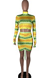 Blue Women Multicolor Pattern Long Sleeve High Neck Ruffle Skirts Sets MOL112-3