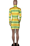 Yellow Women Multicolor Pattern Long Sleeve High Neck Ruffle Skirts Sets MOL112-1