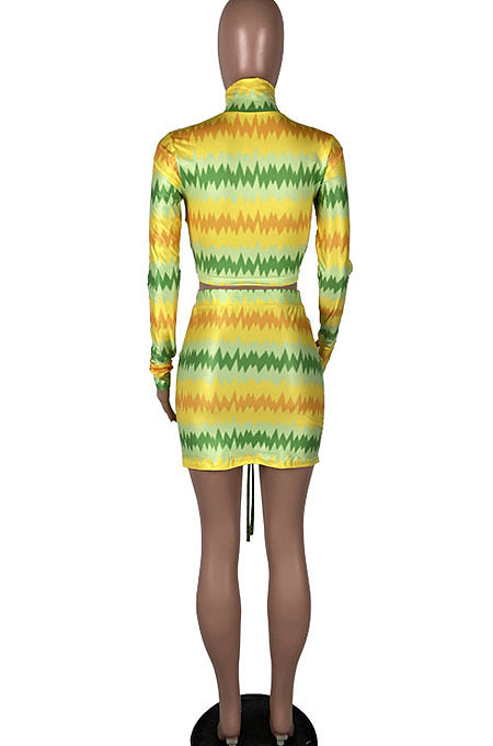 Yellow Women Multicolor Pattern Long Sleeve High Neck Ruffle Skirts Sets MOL112-1