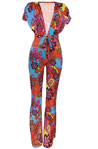 Printing Fashion Vintage Short Sleeve Loose Casual Wide Leg Jumpsuits BYQ1011 