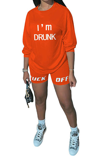 Orange Women Long Sleeve Letters Printing Round Neck Casual Shorts Sets AYQ5143-1