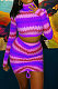 Purple Women Multicolor Pattern Long Sleeve High Neck Ruffle Skirts Sets MOL112-2