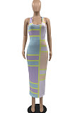 Blue Sexy Women Multicolor Spliced Printing Sleeveless Long Dress AYQ06004-3