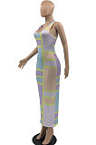 Light Blue Sexy Women Multicolor Spliced Printing Sleeveless Long Dress AYQ06004-1