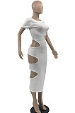 White Women Sexy Sleeveless Hole Sexy Ribber Solid Color Mid Dress AYQ06003-1