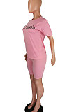 Orange Women Pure Color Letters Printing Fashion Short Sleeve Shorts Sets AYQ5136-2