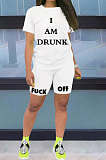 White Casual Pure Color Letters Short Sleeve Shorts Sets AYQ5146-2