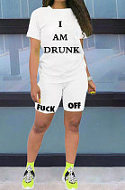 White Casual Pure Color Letters Short Sleeve Shorts Sets AYQ5146-2