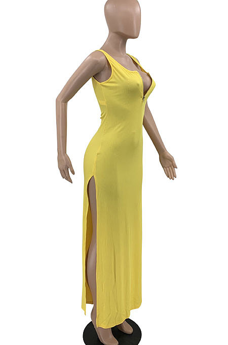 Black Euramerican Women Sexy Zipper Low Bosom Lower Hem Split Long Dress AYQ06002-2