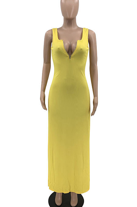 Yellow Euramerican Women Sexy Zipper Low Bosom Lower Hem Split Long Dress AYQ06002-1
