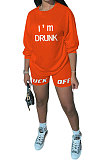 Wine Red Women Long Sleeve Letters Printing Round Neck Casual Shorts Sets AYQ5143-2