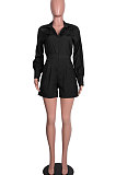 Black Women Fashion Casual Long Sleeve Shirt Solid Color Cargo Pants Romper Shorts GLS10008