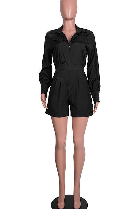 Black Women Fashion Casual Long Sleeve Shirt Solid Color Cargo Pants Romper Shorts GLS10008