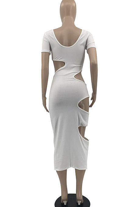 White Women Sexy Sleeveless Hole Sexy Ribber Solid Color Mid Dress AYQ06003-1