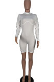 White Euramerican Women Solid Color Long Sleeve Tight Sexy Hollow Out Backless Elastic Romper Shorts MOL122