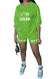 Wine Red Women Long Sleeve Letters Printing Round Neck Casual Shorts Sets AYQ5143-2
