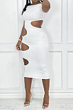 White Women Sexy Sleeveless Hole Sexy Ribber Solid Color Mid Dress AYQ06003-1