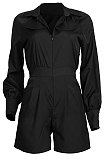 Black Women Fashion Casual Long Sleeve Shirt Solid Color Cargo Pants Romper Shorts GLS10008
