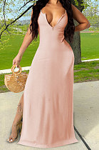 Pink Red Euramerican Women Sexy Zipper Low Bosom Lower Hem Split Long Dress AYQ06002-3