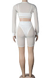 Black Women Sexy Milk Silk Long Sleeve V Neck Tied Pure Color Shorts Four Pieces K2138-2