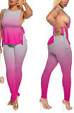 Dark Blue Women Casual Sleeveless Tied Gradual Change Pants Sets AYQ8003-3