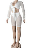 White Women Sexy Milk Silk Long Sleeve V Neck Tied Pure Color Shorts Four Pieces K2138-1