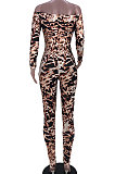 Leopard Drawsting Foldding A Word Shoulder Hollow Out Long Sleeve Bodycon Jumpsuits JZH8076
