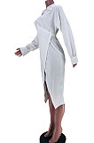 White Women Pure Color Bandage Split Midi Dress  T Shirt/Shirt Dress JZH8078