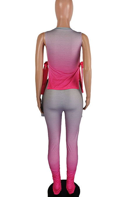 Orange Women Casual Sleeveless Tied Gradual Change Pants Sets AYQ8003-2