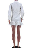 White Women Button Sexy Solid Color Long Sleeve Flounce T Shirt/Shirt Dress JZH8077