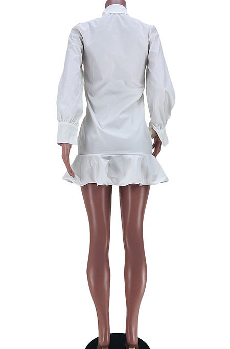 White Women Button Sexy Solid Color Long Sleeve Flounce T Shirt/Shirt Dress JZH8077