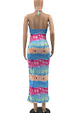 Blue Women Sexy Halter Neck Backless Bandage Printing Long Dress AYQ06005