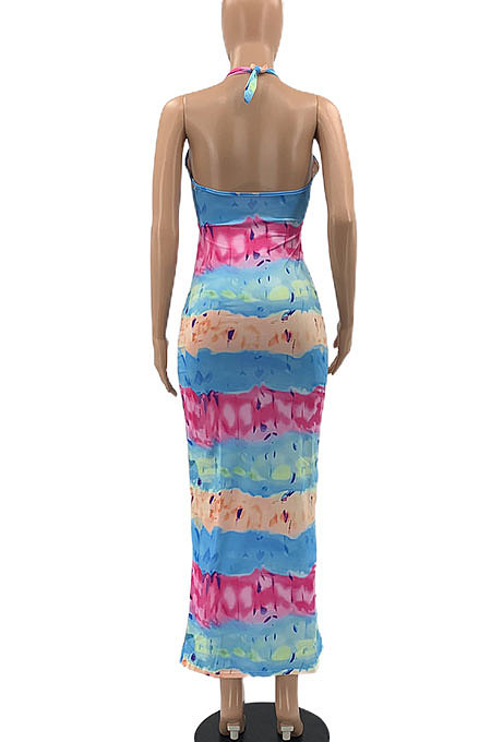 Blue Women Sexy Halter Neck Backless Bandage Printing Long Dress AYQ06005