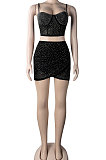 Apricot Fashion Sexy Condole Belt Hot Drilling Deep V Neck Slim Fitting Irregular Skirts Sets K2148-2