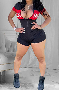 Black Women Sexy Printing Letters Spliced Zipper Romper Shorts AYQ8015