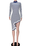Navy Blue Club Printing Long Sleeve Half Turtle Neck Lower Hem Irregular Mini Dress GL6503-1